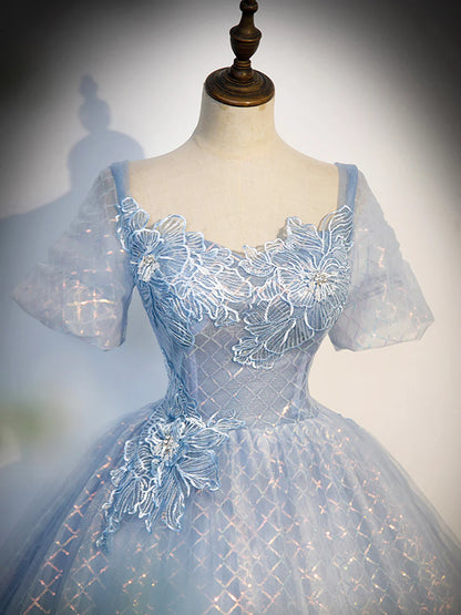 Blue Tulle Lace Long Prom Dress, Shiny A-Line Short Sleeve Evening Dress  TP375