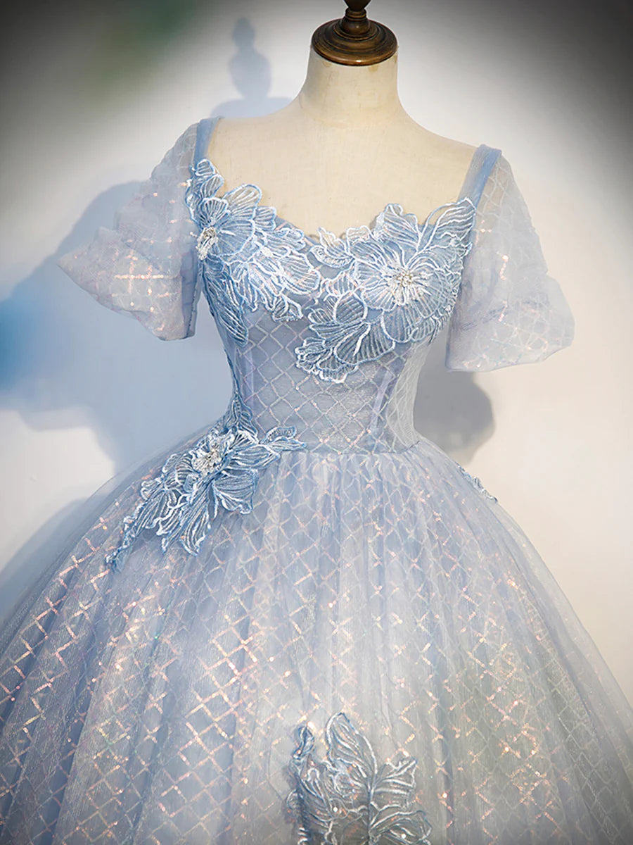 Blue Tulle Lace Long Prom Dress, Shiny A-Line Short Sleeve Evening Dress  TP375