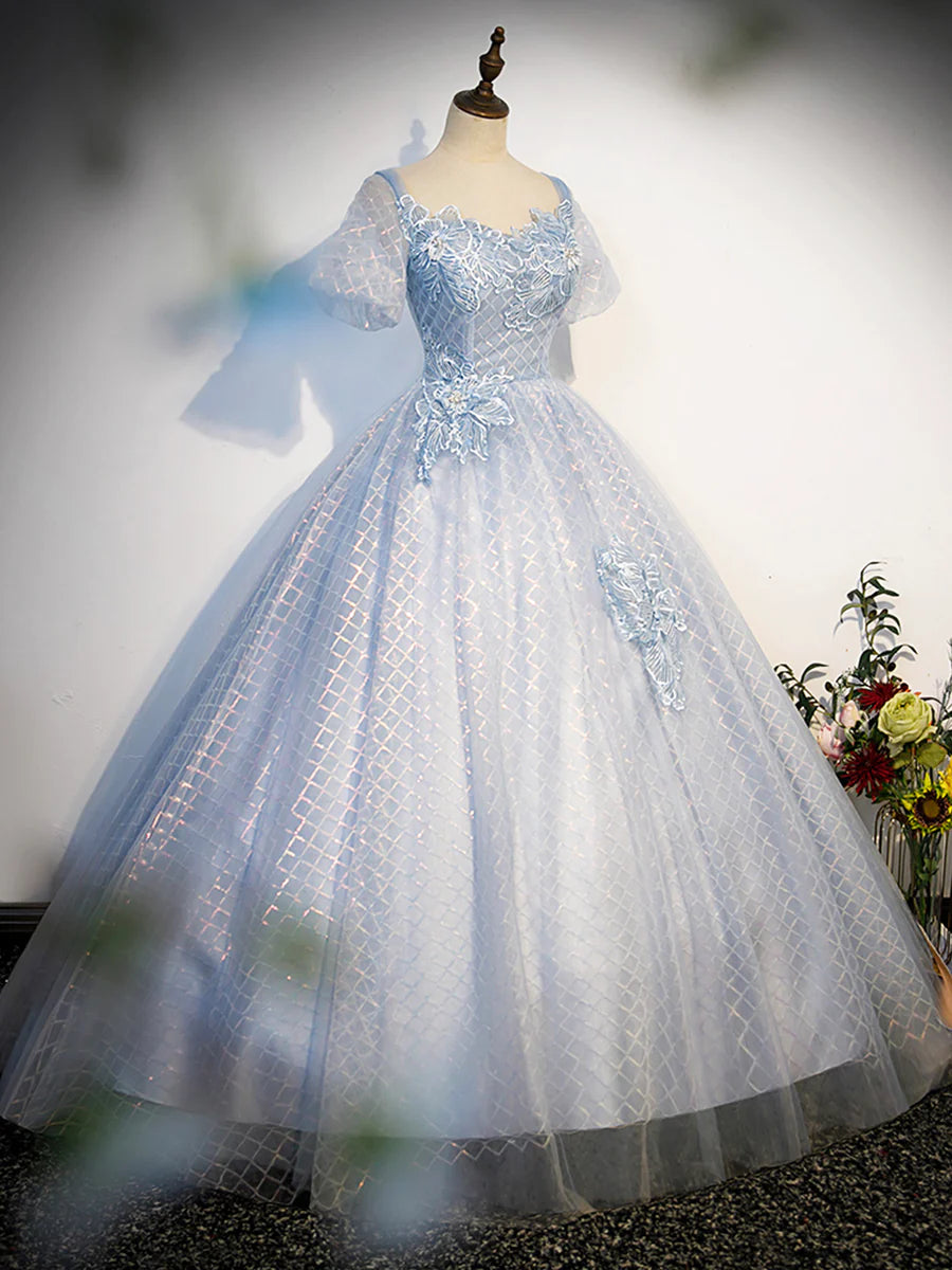Blue Tulle Lace Long Prom Dress, Shiny A-Line Short Sleeve Evening Dress  TP375