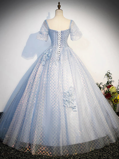 Blue Tulle Lace Long Prom Dress, Shiny A-Line Short Sleeve Evening Dress  TP375