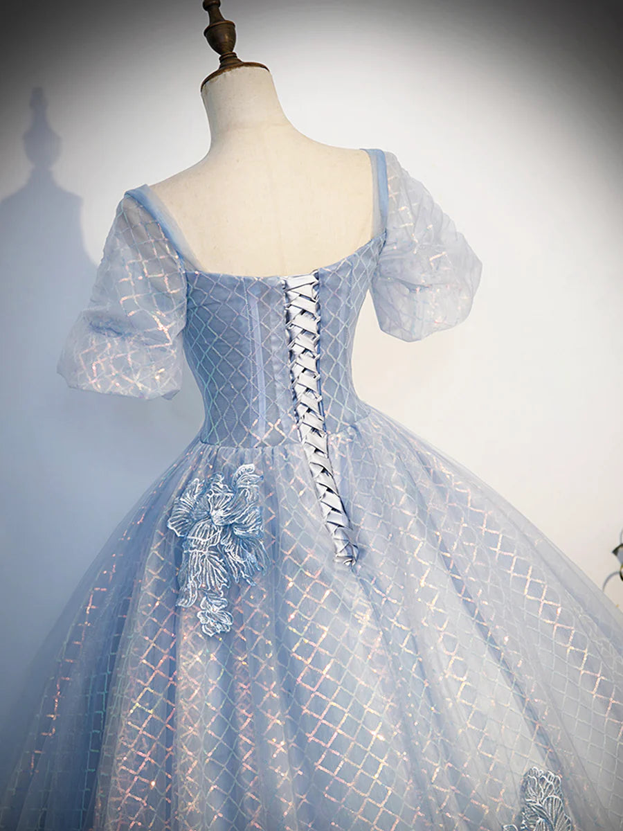 Blue Tulle Lace Long Prom Dress, Shiny A-Line Short Sleeve Evening Dress  TP375