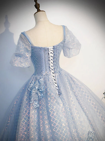 Blue Tulle Lace Long Prom Dress, Shiny A-Line Short Sleeve Evening Dress  TP375