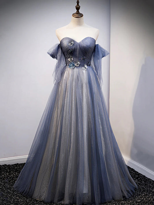 Blue Sweetheart Tulle with Lace Party Dress, Blue Long Formal Dress  TP376