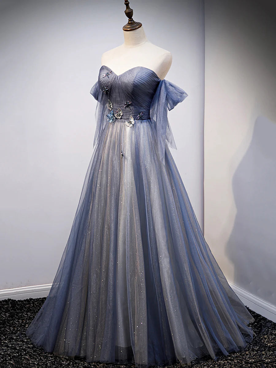 Blue Sweetheart Tulle with Lace Party Dress, Blue Long Formal Dress  TP376