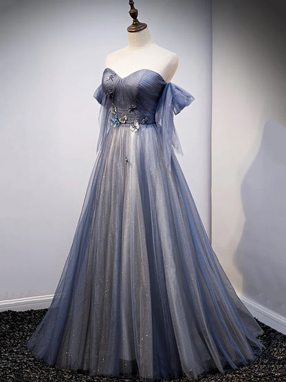 Blue Sweetheart Tulle with Lace Party Dress, Blue Long Formal Dress  TP376