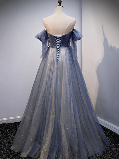 Blue Sweetheart Tulle with Lace Party Dress, Blue Long Formal Dress  TP376