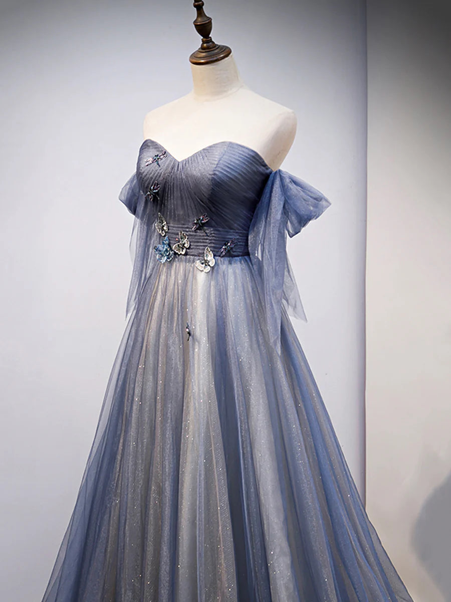 Blue Sweetheart Tulle with Lace Party Dress, Blue Long Formal Dress  TP376