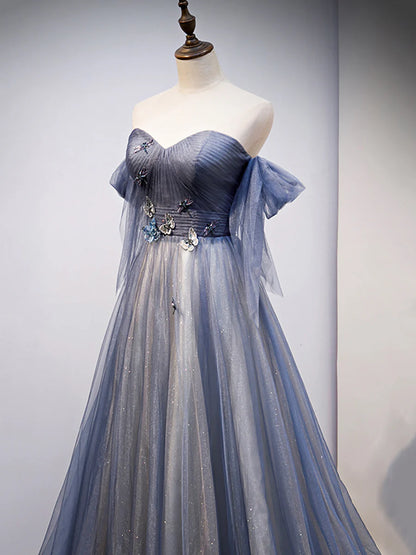 Blue Sweetheart Tulle with Lace Party Dress, Blue Long Formal Dress  TP376