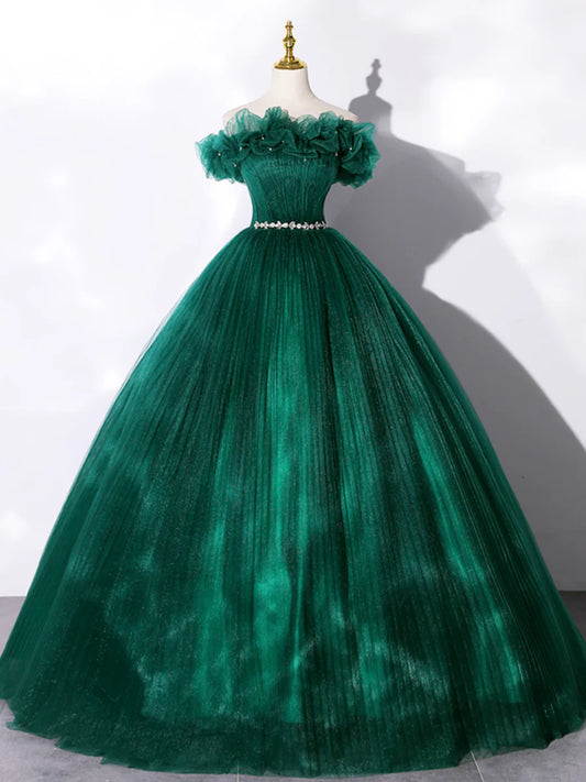 Green Off Shoulder Tulle Formal Dress, A-Line Long Prom Dress  TP377
