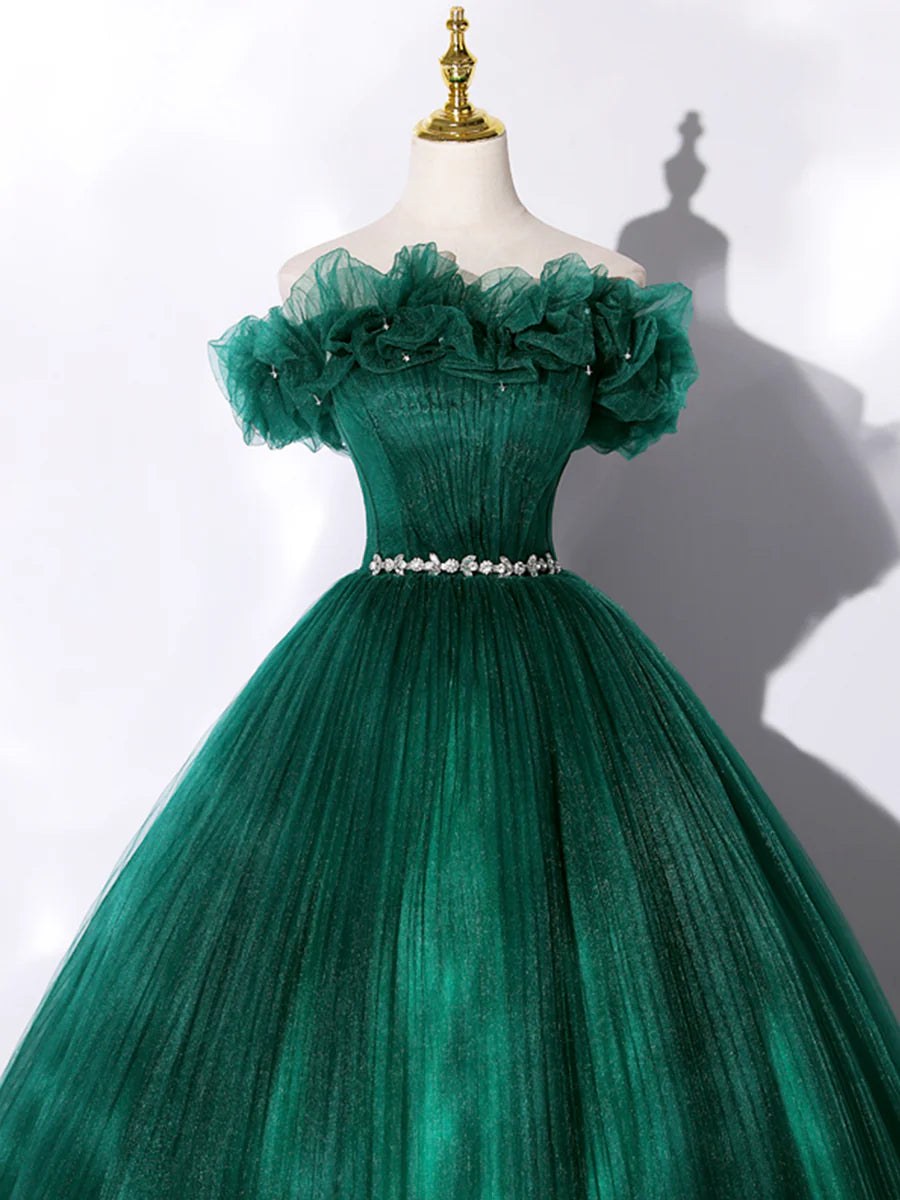 Green Off Shoulder Tulle Formal Dress, A-Line Long Prom Dress  TP377