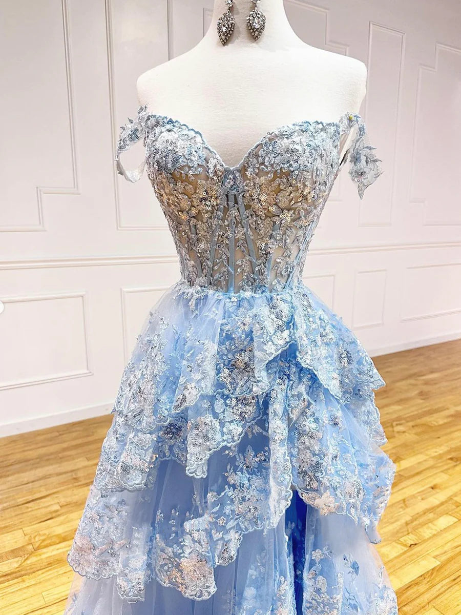 Blue Tulle Sequins Long Prom Dress, Beautiful Off Shoulder Evening Dress  TP379