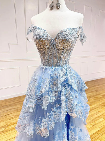 Blue Tulle Sequins Long Prom Dress, Beautiful Off Shoulder Evening Dress  TP379