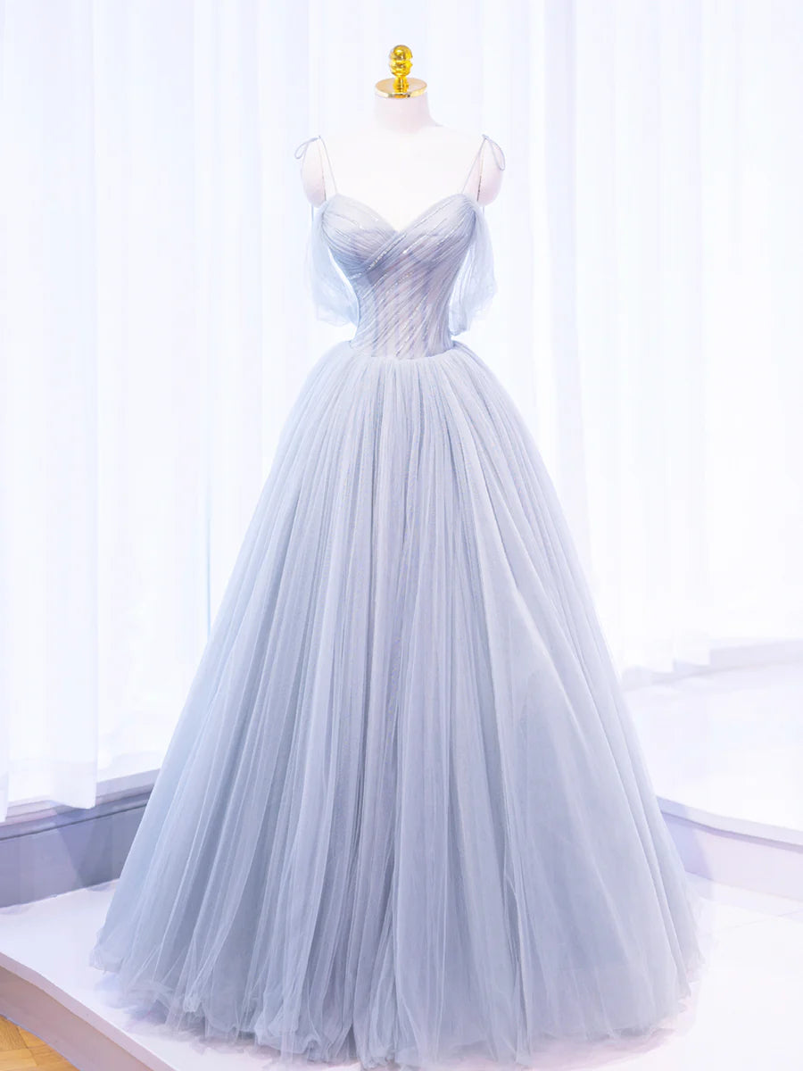 Gray Spaghetti Strap Tulle Long Prom Dress, Gray A-Line Evening Party Dress  TP380