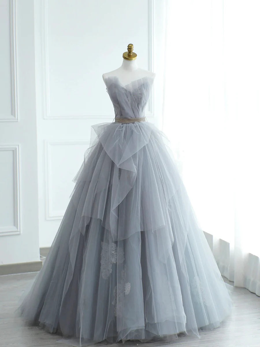 Gray Strapless Tulle Lace Long Prom Dress, A-Line Evening Party Dress  TP384