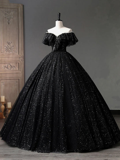 Black Tulle Long A-Line Prom Dress, Shiny Off Shoulder Evening Dress  TP385