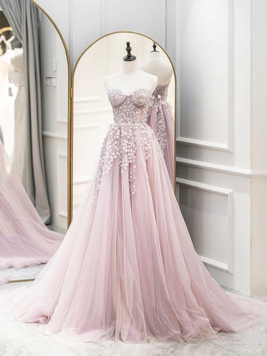 Cute Tulle Sweetheart Long Party Dress with Lace, Beautiful A-Line Prom Dress  TP387