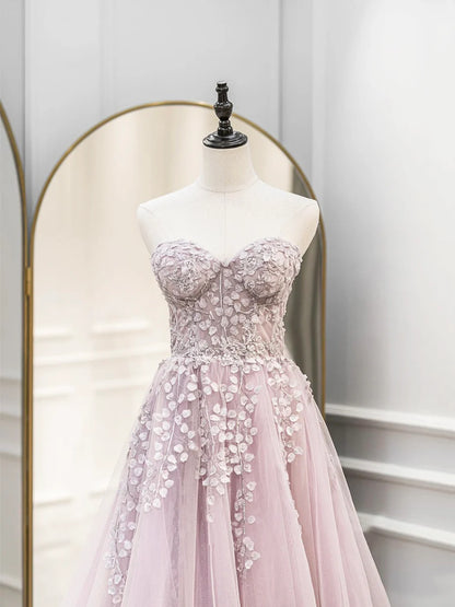 Cute Tulle Sweetheart Long Party Dress with Lace, Beautiful A-Line Prom Dress  TP387