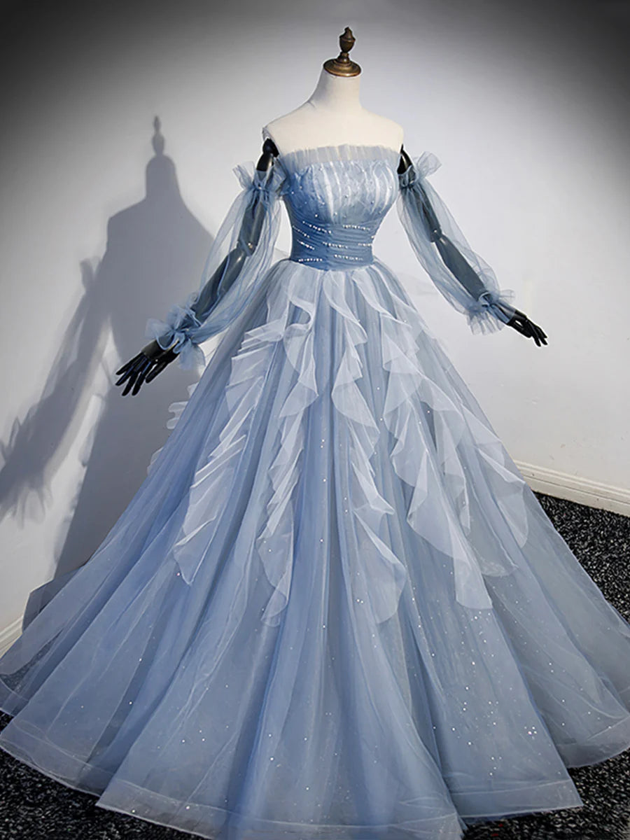 Blue Strapless Tulle Long Prom Dress, Chic A-Line Formal Dress with Long Sleeves  TP388
