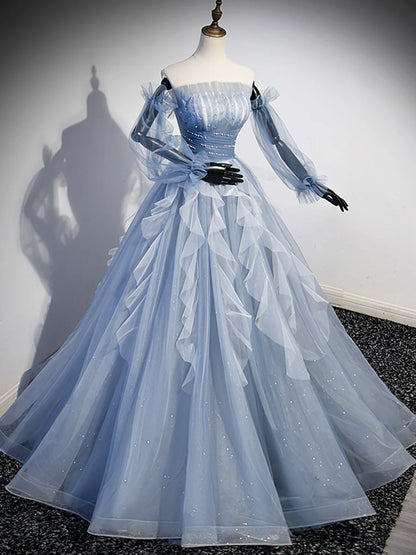Blue Strapless Tulle Long Prom Dress, Chic A-Line Formal Dress with Long Sleeves  TP388