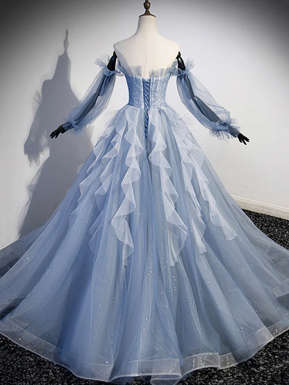 Blue Strapless Tulle Long Prom Dress, Chic A-Line Formal Dress with Long Sleeves  TP388