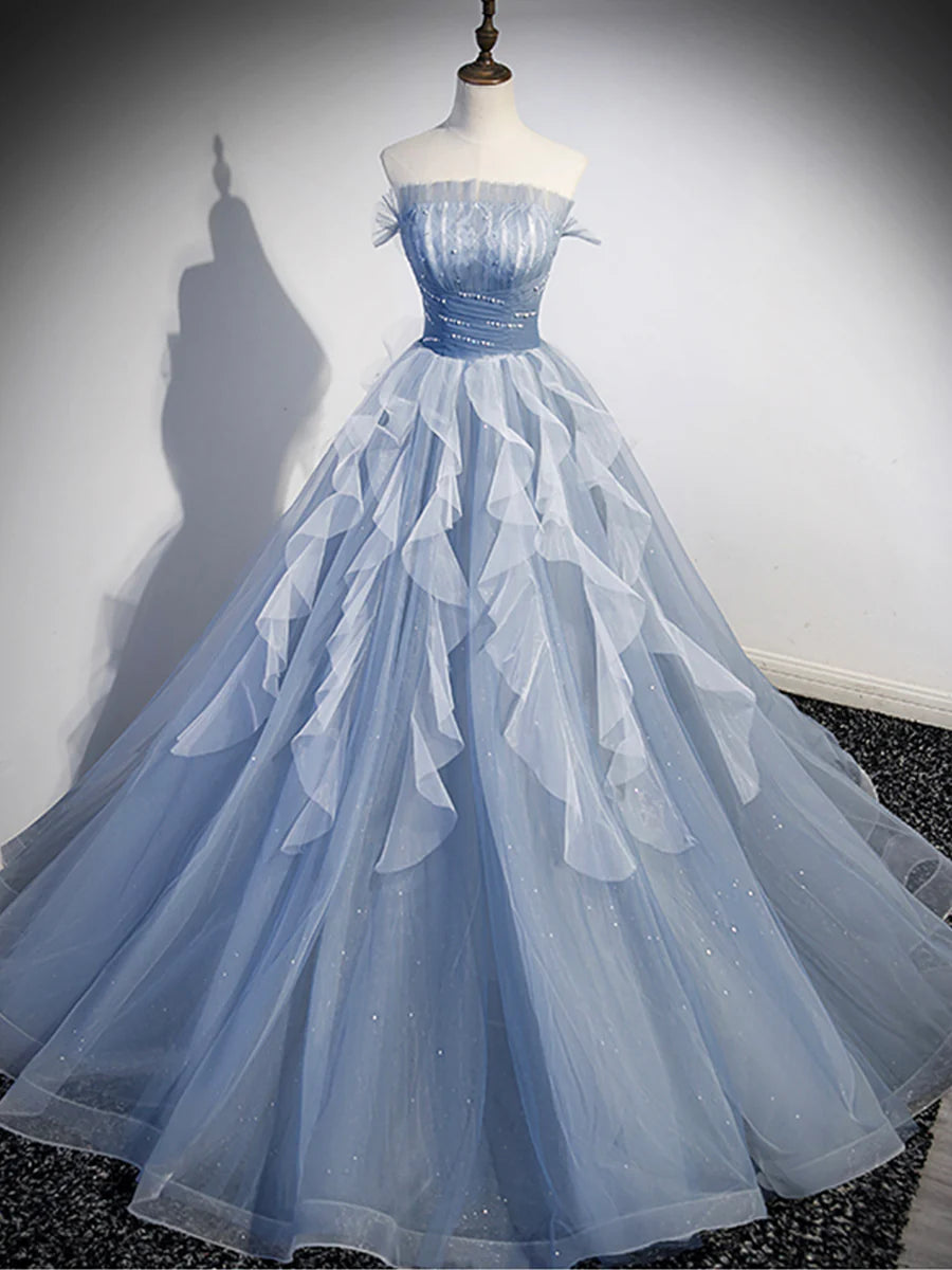 Blue Strapless Tulle Long Prom Dress, Chic A-Line Formal Dress with Long Sleeves  TP388