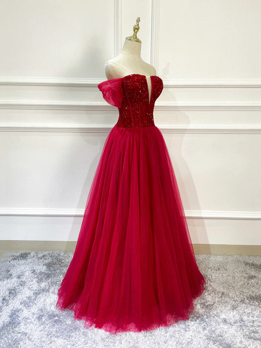 Burgundy Tulle Beaded Long Formal Dress, Off Shoulder Evening Party Dress  TP389