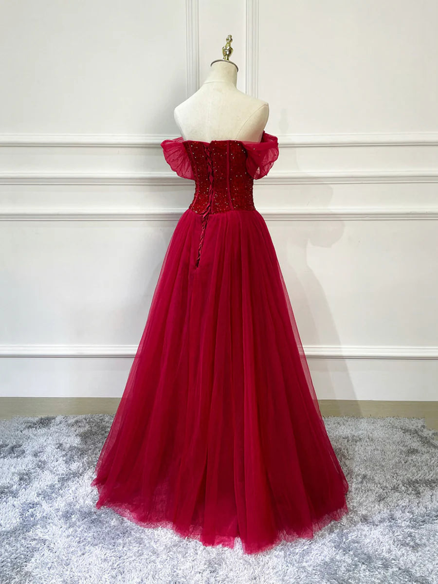 Burgundy Tulle Beaded Long Formal Dress, Off Shoulder Evening Party Dress  TP389