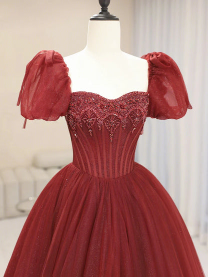 Burgundy Tulle Beaded Long Prom Dress, A-Line Short Sleeve Formal Dress TP391