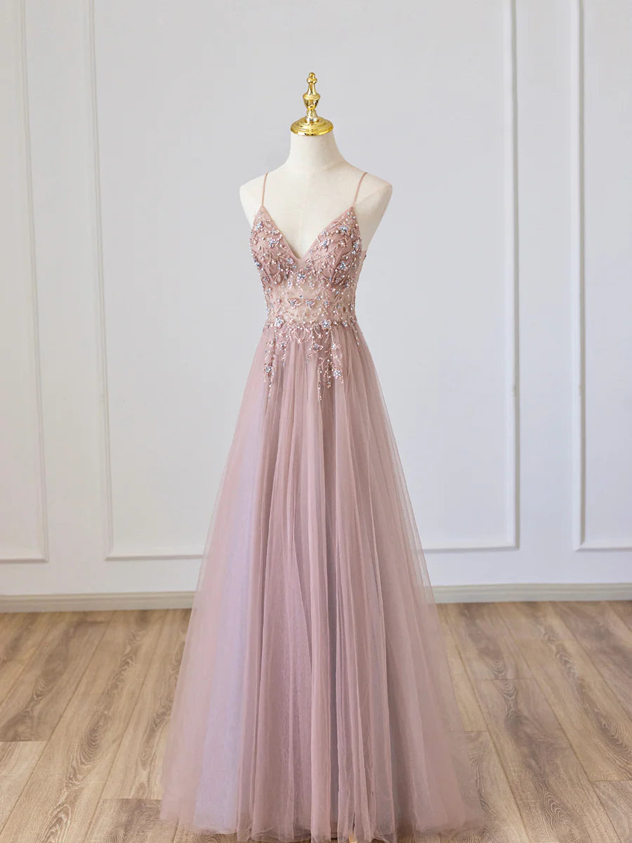 Pink V-Neck Tulle Long Prom Dress with Beaded, Pink Spaghetti Strap Evening Dress TP392