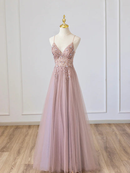 Pink V-Neck Tulle Long Prom Dress with Beaded, Pink Spaghetti Strap Evening Dress TP392