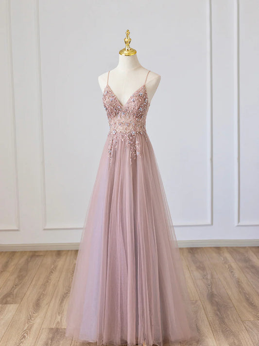 Pink V-Neck Tulle Long Prom Dress with Beaded, Pink Spaghetti Strap Evening Dress TP392