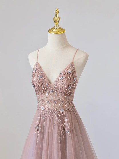 Pink V-Neck Tulle Long Prom Dress with Beaded, Pink Spaghetti Strap Evening Dress TP392
