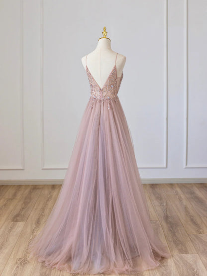 Pink V-Neck Tulle Long Prom Dress with Beaded, Pink Spaghetti Strap Evening Dress TP392