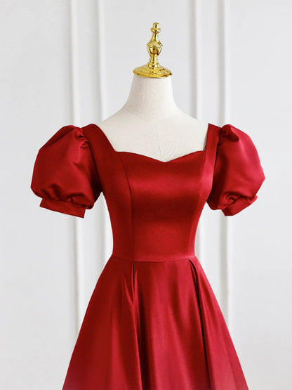 Red Satin Long Prom Dress, Simple A-Line Short Sleeve Evening Party Dress TP394