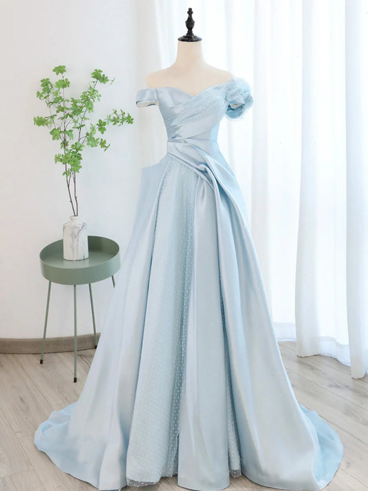 Blue Satin Tulle Long Prom Dress, Off Shoulder Formal Evening Dress TP395