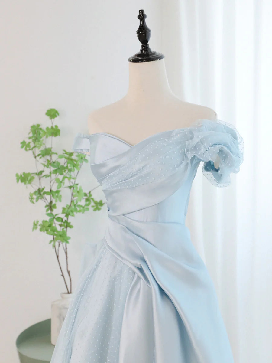 Blue Satin Tulle Long Prom Dress, Off Shoulder Formal Evening Dress TP395