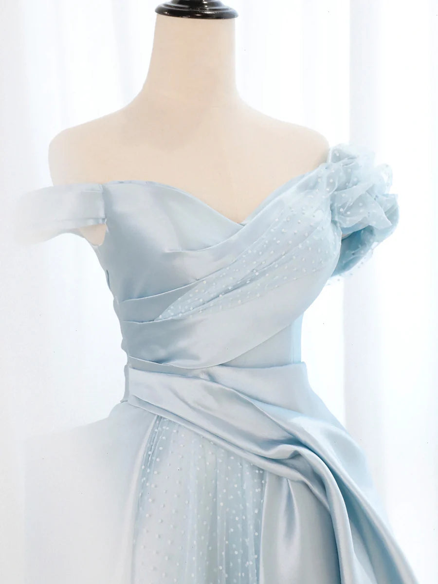 Blue Satin Tulle Long Prom Dress, Off Shoulder Formal Evening Dress TP395
