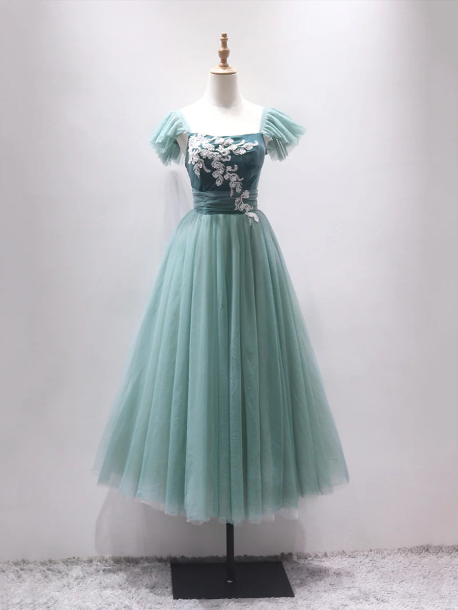 Green Velvet Tulle Tea Length Prom Dress, Cute A-Line Party Dress with Lace TP396