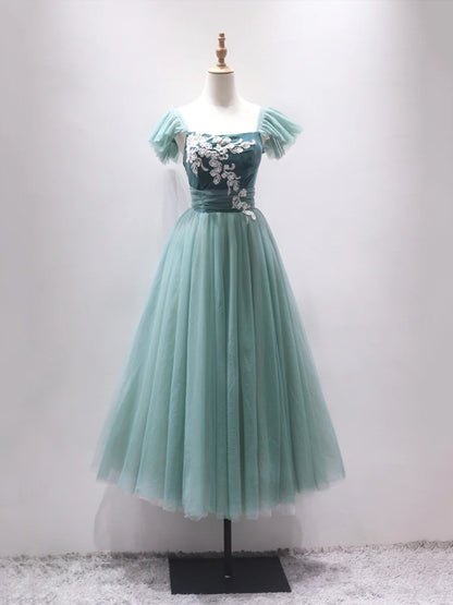 Green Velvet Tulle Tea Length Prom Dress, Cute A-Line Party Dress with Lace TP396