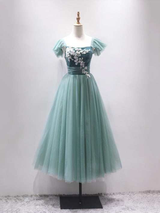 Green Velvet Tulle Tea Length Prom Dress, Cute A-Line Party Dress with Lace TP396