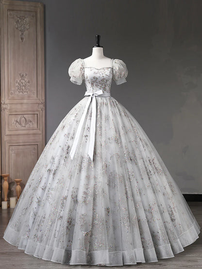 Gray Tulle Sequins Long Prom Dress, A-Line Short Sleeve Evening Dress TP397