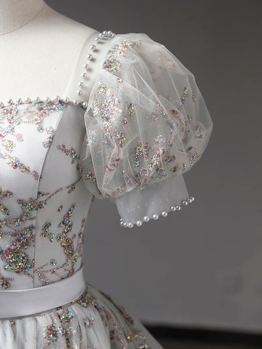 Gray Tulle Sequins Long Prom Dress, A-Line Short Sleeve Evening Dress TP397