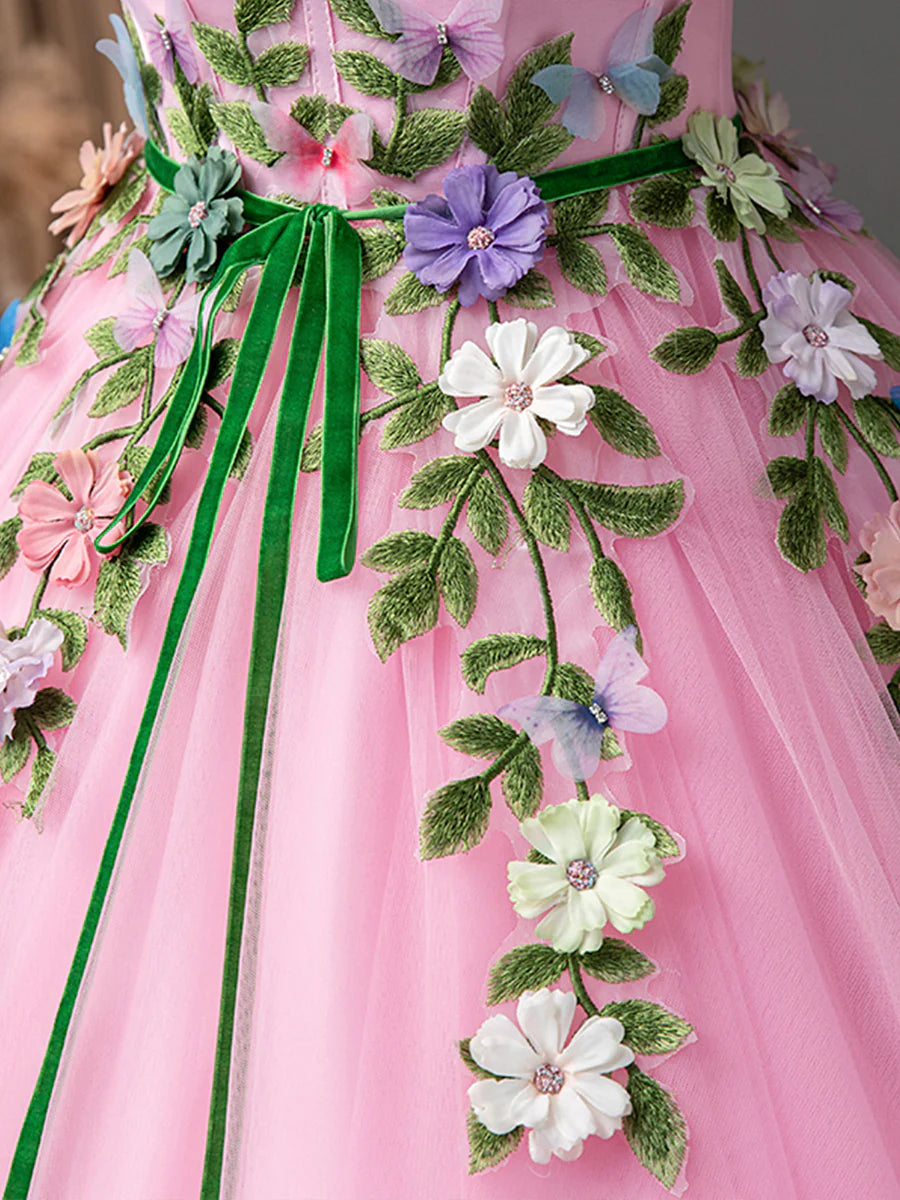 Pink Tulle Flower Long Prom Dresses, Lovely Spaghetti Formal Dresses Sweet 16 Dresses TP398