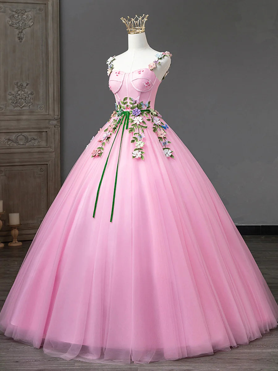 Pink Tulle Flower Long Prom Dresses, Lovely Spaghetti Formal Dresses Sweet 16 Dresses TP398