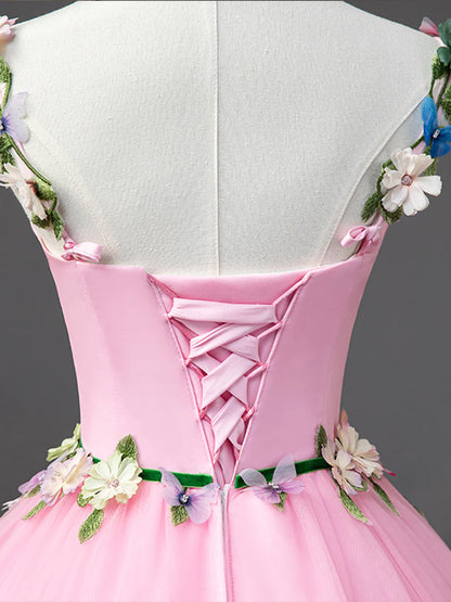 Pink Tulle Flower Long Prom Dresses, Lovely Spaghetti Formal Dresses Sweet 16 Dresses TP398