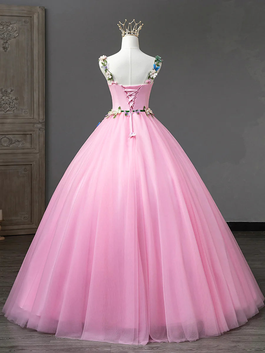 Pink Tulle Flower Long Prom Dresses, Lovely Spaghetti Formal Dresses Sweet 16 Dresses TP398