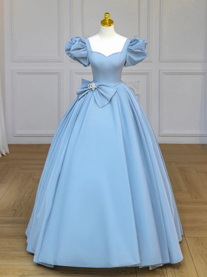 Blue Satin Long Prom Dress with Bow, Blue A-Line Formal Evening Dress TP400