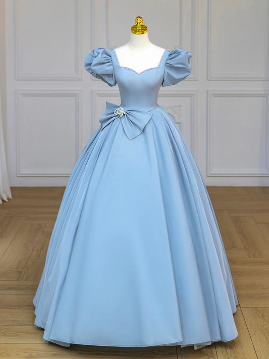 Blue Satin Long Prom Dress with Bow, Blue A-Line Formal Evening Dress TP400