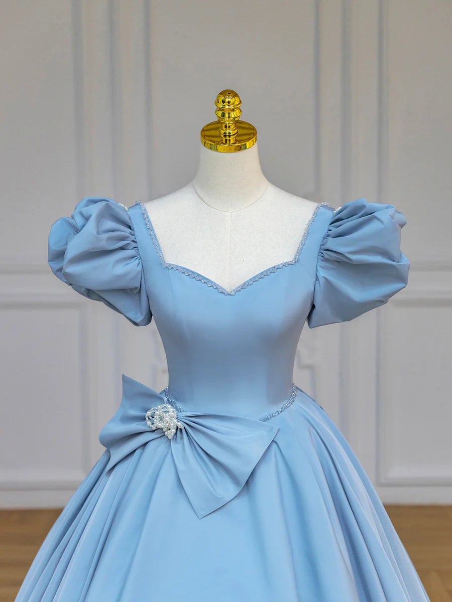 Blue Satin Long Prom Dress with Bow, Blue A-Line Formal Evening Dress TP400