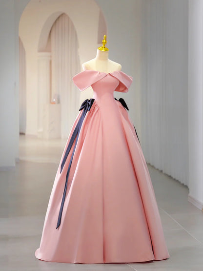 Pink Satin Floor Length Prom Dress, Off Shoulder Party Dress TP403